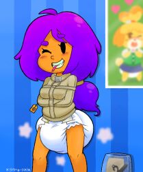 1girls diaper female female_only glowing_fangs isabelle_(animal_crossing) pen pen_in_mouth price_tag shimapad solo straitjacket