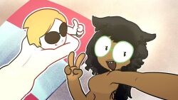 bbpanzu beach beach_towel dark-skinned_female dave_strider edit exposed_breasts exposed_pussy exposing glasses homestuck jade_harley no_nipples no_underwear nude nude_beach nude_edit nude_female nude_male selfie white_skin