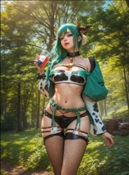 ai_generated cow_ears cow_girl cow_horns cow_print cow_tail cowbell cowprint field green_hair haru hucow melby