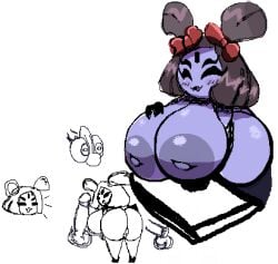 accessory anthro arachnid arthropod ass big_breasts black_hair blush bow_ribbon breasts cubesmolly female genitals hair hair_accessory hair_ribbon hairbow huge_breasts monster muffet penis purple_body ribbons simple_background smile solo spider undertale undertale_(series) white_background