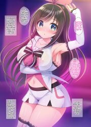 armpit belly_button big_breasts boobs colarbone english_text erect_nipples exposed_belly full_color heart-shaped_pupils hot_pants kizuna_ai minase_kuuru mind_control see-through_clothing showing_armpits virtual_youtuber vtuber wet_pussy