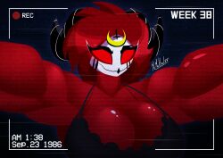 1girls anthro avian biceps big_breasts bra breasts camera demon demon_girl female female_only helluva_boss horn looking_at_viewer mrmelted muscular muscular_female octavia_(helluva_boss) owl owl_demon recording red_eyes red_skin