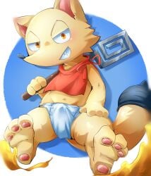 1boy 2022 3_toes absurd_res anthro barefoot bottomwear bulge canid canine clenched_teeth clothing conchi feet fire fox fur half-closed_eyes hi_res holding_object kemokemo02091 looking_at_viewer male male_only mammal narrowed_eyes orange_eyes pawpads shaman_king sitting smug solo tail teeth toes yellow_body yellow_fur