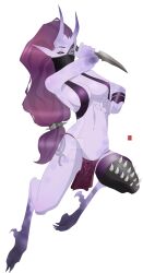 bare_midriff chaos_(warhammer) clawed_feet daemonette dagger facemask horns loincloth long_ears mouth_veil pelvic_curtain pointy_ears purple_hair purple_skin slaanesh slaanesh-goddess666 slaaneshg warhammer_(franchise) warhammer_40k