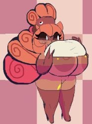 anthro bandage big_breasts breasts brown_body clothed clothing cubesmolly female generation_1_pokemon genitals hair hi_res huge_breasts legwear nintendo orange_hair partially_clothed pokeball pokemon pokemon_(species) pussy smile solo stockings tail vulpix