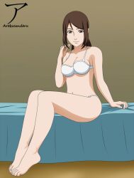 1girls ameno_(naruto) arekusanderu arm_support bare_legs bare_shoulders bare_thighs barefoot bed big_breasts bra breasts brown_eyes brown_hair cleavage female female_only legs_together midriff naruto naruto_(series) naruto_shippuden on_bed panties pinup ponytail shoulder_length_hair sitting sitting_on_bed smile solo solo_focus thighs tied_hair toes underwear underwear_only watermark white_bra white_panties white_underwear