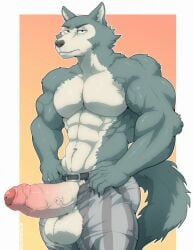 animal_humanoid anthro balls bara beastars boner canid canine canis erection genitals hi_res humanoid humanoid_genitalia humanoid_penis legoshi_(beastars) looking_at_viewer male male_only mammal manly muscular pecs penis scar solo tylerstark wolf