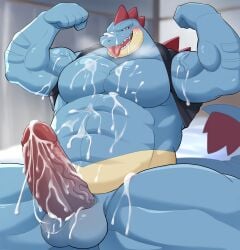 abs anthro balls big_muscles big_penis blue_body bodily_fluids bottomless clothed clothing cum cum_on_chest cum_on_face cum_on_own_chest cum_on_own_face cum_on_penis cum_on_self feraligatr flexing generation_2_pokemon genital_fluids genitals hi_res humanoid_genitalia humanoid_penis kemono kuroamekemo male male_only muscular muscular_anthro muscular_male nintendo open_clothing open_topwear open_vest pecs penis pokemon pokemon_(species) reptile scalie solo tongue tongue_out topwear topwear_only vest vest_only