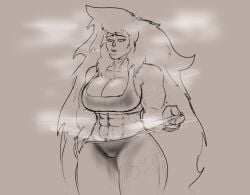 1girls abs big_breasts blush breasts cartoon_network cleavage female gem_(species) jasper_(steven_universe) muscular muscular_female pubic_hair_peek sports_bra steam steaming_body steven_universe sweat sweaty voodoomancy