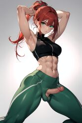 1futa abs ai_generated balls balls_bulge balls_under_clothes black_bra bulge fit fit_futanari futa_only futanari ginger green_eyes green_legwear light_skin penis penis_out ponytail red_hair redbisycle sports_bra yoga_pants