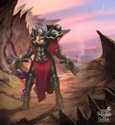 1girls adepta_sororitas black_armor bolter chaos_(warhammer) cleavage corrupted female female_only fully_clothed grey_hair large_breasts mature_female miriael_sabathiel order_of_our_martyred_lady power_armor sister_of_battle slaanesh-goddess666 slaanesh_mark slaaneshg solo traitor warhammer_(franchise) warhammer_40k