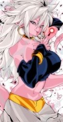 1girls 2023 android android_21 android_21_(good) arc_system_works artist_signature aura bandai_namco belly_button big_breasts black_nail_polish black_nails bracelet dragon_ball dragon_ball_fighterz earrings elbow_gloves fanart gold_jewelry hair_between_eyes large_breasts long_hair looking_at_viewer majin_android_21 messy_hair omochi_db pink_skin pink_tail pointy_ears silver_hair tail tongue tongue_out tubetop voluptuous voluptuous_female vomi_(dragon_ball) white_hair