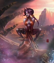 chaos_(warhammer) clawed_feet claws crab_claws daemonette female loincloth looking_at_viewer pointy_ears purple_hair purple_skin sharp_claws slaanesh slaanesh-goddess666 slaaneshg squatting warhammer_(franchise) warhammer_40k