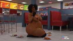 1girls 3d ass bbw belly big_ass big_belly big_breasts bloated bloated_belly breasts dark-skinned_female dark_skin female food lykoxxx nipples obese overweight plate solo_focus thick_thighs