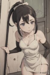 ai_generated armwear big_ass big_breasts black_hair blue_eyes dress large_ass large_breasts long_hair looking_away nakatsukasa_tsubaki pale_skin ponytail short_dress soul_eater thighs triluxor1331 voluptuous voluptuous_female wide_hips