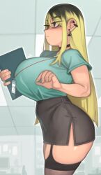 1girls among_us blonde_hair breasts clothed crewmate_(among_us) emi_(kelvin_hiu) female hips huge_breasts innersloth kelvin_hiu light-skinned_female light_skin long_hair oc office_lady original original_character short_skirt skirt solo thick_thighs thighs wide_hips