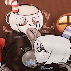 1boy 2girls anon balls blowjob cock_worship cuphead cuphead_(game) digital_media_(artwork) genderswap_(mtf) juzu421 licking_balls mugman rule_63