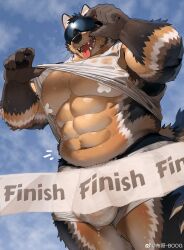2023 abs absurd_res anthro balls bandage_on_nipple black_body black_fur bodily_fluids bogexboog brown_body brown_fur canid canine canis clothing cloud convenient_censorship covered_nipples domestic_dog eyewear finish_line fur genitals gloves_(marking) haki_(bogexboog) hand_on_sunglasses hi_res low-angle_view male male_focus mammal markings multicolored_body multicolored_fur musclegut muscular muscular_anthro muscular_male muscular_thighs navel nipples obliques open_mouth orange_body orange_fur pecs penis sky solo sunglasses sweat sweaty_clothing sweaty_shirt sweaty_shorts tongue tongue_out weibo weibo_logo whiskers white_body white_fur