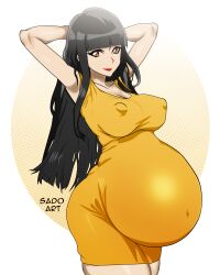 1girls asian asian_female belly big_belly big_breasts black_hair breasts cleavage erect_nipples female light-skinned_female light_skin nipple_bulge outie_navel pregnant sado_art solo