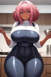 1girls ai_generated big_breasts blue_eyes breasts_bigger_than_head busty busty_female curly_hair curvy_body curvy_female dark-skinned_female enormous_breasts front_view gigantic_breasts huge_breasts kitchen kitchen_appliance kitchen_counter kitchen_utensils large_breasts looking_at_viewer massive_breasts medium_hair milf mommy mother nai_diffusion original original_character pink_hair shiny_hair shiny_skin smiling smiling_at_viewer stable_diffusion tall_female thick_hips thick_thighs wide_hips wide_thighs