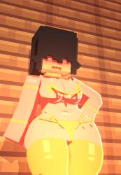 3d blush breasts coresvoid female goth hair_over_eyes horny_female mine-imator minecraft sharp_teeth tape_on_nipples thick_thighs thigh_highs thighs yellow_bikini yellow_clothing