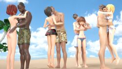 3d bikini black_hair blonde_hair brown_hair censored closed_eyes dark-skinned_male green_eyes hugging kairi kingdom_hearts kissing namine olette red_hair topless usbsantiago xion