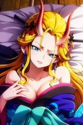 ai_generated ai_image_gallery artist_request beast_pirates bed big_breasts black_maria blonde_hair blue_eyes breasts cleavage female female_only geisha giantess hair_ornament horn horns kimono oiran one_piece wano_country