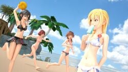 3d beach beach_ball bikini black_hair blonde_hair blue_eyes brown_hair green_eyes ice_cream island kairi kingdom_hearts namine olette open_mouth red_hair running smile standing swimsuit usbsantiago xion