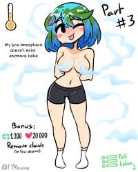 1girls 2023 blue_hair blush breasts cloud earth-chan english_text female female_only fymaxine gray_shorts green_hair light-skinned_female light_skin navel nipples no_bra no_shirt shorts socks solo solo_female strip_game tagme text tongue tongue_out topless two_tone_hair white_background