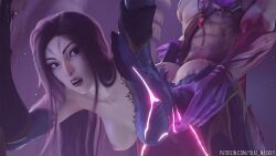 1boy 1boy1girl against_wall athletic_female big_ass bodysuit bodysuit_pull breasts breasts_out darkin doggy_style face_tattoo female from_behind half-dressed kai'sa league_of_legends league_of_legends:_wild_rift light-skinned_female looking_at_partner looking_back male outdoors partially_clothed purple_eyes purple_hair purple_skin straight that_maskey torn_bodysuit upscaled varus