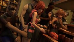 3d ass_grab bar_(place) blue_eyes brown_hair chairs clothing dark-skinned_male groping groping_breasts kairi kingdom_hearts olette open_mouth red_hair smile usbsantiago