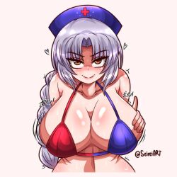 big_breasts bikini breasts brown_eyes eirin_yagokoro evil_smile grabbing_own_breast heart hearts_around_body japanese_text long_hair looking_at_viewer seductive seductive_eyes seductive_look seductive_smile seireiart simple_background small_waist smile smiling smiling_at_viewer sweat sweating touhou white_background white_fur white_hair