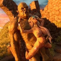 3d 3d_(artwork) bad_end belly_bulge big_breasts captured_heroine chains defeated defeated_heroine elf elf_ears emcart fanny_packing humiliation larger_male meat_shield misogyny nipple_piercing nude_female orc orc_male rape raped_by_monster restrained size_difference slave slavegirl smaller_female standing standing_sex stomach_bulge vaginal_penetration