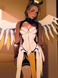 ai_generated amber_heard cosplay halo mercy mercy_(cosplay) overwatch overwatch_2 stockings tagme white_corset wings