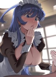 1boy alternate_costume blue_hair blush breasts cleavage covering_mouth cum cumdrip earrings female highres jewelry large_breasts long_hair maid maid_headdress orie_ballardiae penis touniyuu under_night_in-birth