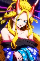 ai_generated ai_image_gallery artist_request beast_pirates bed big_breasts black_maria blonde_hair blue_eyes breasts cleavage female female_only geisha giantess hair_ornament horn horns kimono oiran one_piece wano_country