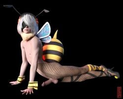 1boy 3d balls bee_costume black_background blindfold femboy genderswap_(ftm) light-skinned_male light_skin male male_focus male_only nier nier:_automata nude nude_male penis rule_63 rule_63 short_hair testicles trap ugnaughtsden white_hair yorha_2b