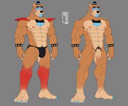 1boy 2023 4_toes abs animatronic anthro anthro_only balls barefoot barely_clothed bear big_penis black_nose blue_eyes blue_nails bowtie digital_drawing_(artwork) digital_media_(artwork) feet five_nights_at_freddy's five_nights_at_freddy's:_security_breach flaccid genitals glamrock_freddy_(fnaf) grey_background happy_trail humanoid_genitalia humanoid_penis male male_only mostly_nude mr_sharky muscular muscular_anthro muscular_male naked nipples nude penis pink_nipples plantigrade pubes pubic_hair scottgames signature simple_background solo spiked_bracelet standing steel_wool_studios tie top_hat topwear video_games watermark