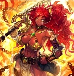 1girls amazon big_breasts chains cleavage dark-skinned_female duel_monster fire lack long_hair looking_at_viewer muscular_female red_hair sword tattoo weapon yellow_eyes yu-gi-oh!