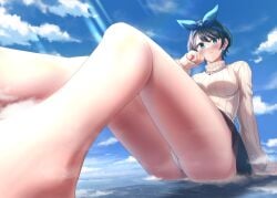 1girls aqua_eyes big_breasts black_hair blue_eyes breasts female giantess hair_ribbon kanojo_okarishimasu large_breasts legs light_skin panties ribbon sarashina_ruka short_hair skirt solo sweater thighs upskirt white_skin