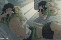 2girls absurdres bed between_thighs black_hair black_shorts blonde_hair blush breasts chinese_commentary closed_eyes clothes_lift commentary covering covering_breasts cuddling ear_blush fafayu fingering grabbing grabbing_another's_breast green_shirt hair_ribbon highres holding_another's_wrist hug hug_from_behind indoors inoue_takina long_hair lycoris_recoil lying midriff multiple_girls navel nipples nishikigi_chisato on_bed one_side_up orange_eyes panties parted_lips pillow red_ribbon ribbon shirt shirt_lift short_hair short_sleeves shorts small_breasts twitter_username under_covers underwear white_panties white_shirt yuri