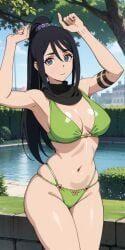 ai_generated big_ass big_breasts bikini bikini_bottom bikini_top black_hair blue_eyes hand_on_head large_ass large_breasts long_hair looking_at_viewer nakatsukasa_tsubaki navel pale_skin ponytail soul_eater swimsuit thighs triluxor1331 voluptuous voluptuous_female wide_hips