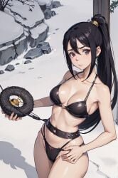 ai_generated big_ass big_breasts bikini bikini_bottom bikini_top black_hair blue_eyes holding_object large_ass large_breasts long_hair looking_at_viewer nakatsukasa_tsubaki pale_skin ponytail soul_eater swimsuit thighs triluxor1331 voluptuous voluptuous_female wide_hips