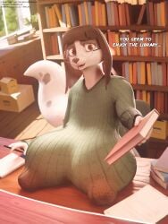 1girls 3d 3d_(artwork) anthro big_breasts book breasts breasts_bigger_than_head brown_eyes brown_hair clothed female female_only furry glasses huge_breasts iii_oridas_iii library nipple_bulge nipples nipples_visible_through_clothing pov sweater tail text white_fur