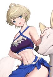 1girls abs ahoge alternate_costume armpit_crease bikini blonde_hair blue_bikini blue_eyes blue_swimsuit blush breasts cleavage female female female_only fire_emblem fire_emblem_engage gonzarez hand_on_own_hip highres medium_breasts merrin_(fire_emblem) navel nintendo petting purple_bikini purple_swimsuit sarong simple_background smile swimsuit white_background wolf