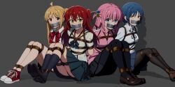 4girls ai_generated arms_tied_behind_back blonde_hair blue_eyes blue_hair bocchi_the_rock! bondage bound_ankles bound_legs brown_eyes gag gagged gotou_hitori green_eyes ijichi_nijika kita_ikuyo looking_at_viewer pink_hair red_hair sitting tape_gag yamada_ryou yellow_eyes