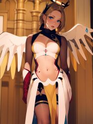 ai_generated amber_heard blonde_hair blue_eyes cosplay halo mercy mercy_(cosplay) overwatch overwatch_2 red_gloves stockings tagme white_bra wings