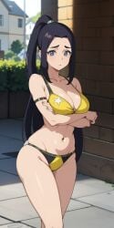 ai_generated arms_under_breasts big_ass big_breasts bikini bikini_bottom bikini_top black_hair blue_eyes breast_rest large_ass large_breasts long_hair looking_at_viewer nakatsukasa_tsubaki navel pale_skin ponytail soul_eater swimsuit thighs triluxor1331 voluptuous voluptuous_female wide_hips