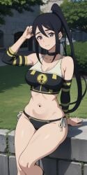 ai_generated big_ass big_breasts bikini bikini_bottom bikini_top black_hair blue_eyes hand_on_head large_ass large_breasts long_hair looking_at_viewer nakatsukasa_tsubaki navel pale_skin ponytail soul_eater swimsuit thighs triluxor1331 voluptuous voluptuous_female wide_hips