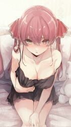 holding_breast hololive hololive_fantasy hololive_japan houshou_marine huge_breasts kuratarou0011 looking_at_viewer naughty_face nightgown nose_blush sitting_on_bed teddy_bear thighs virtual_youtuber